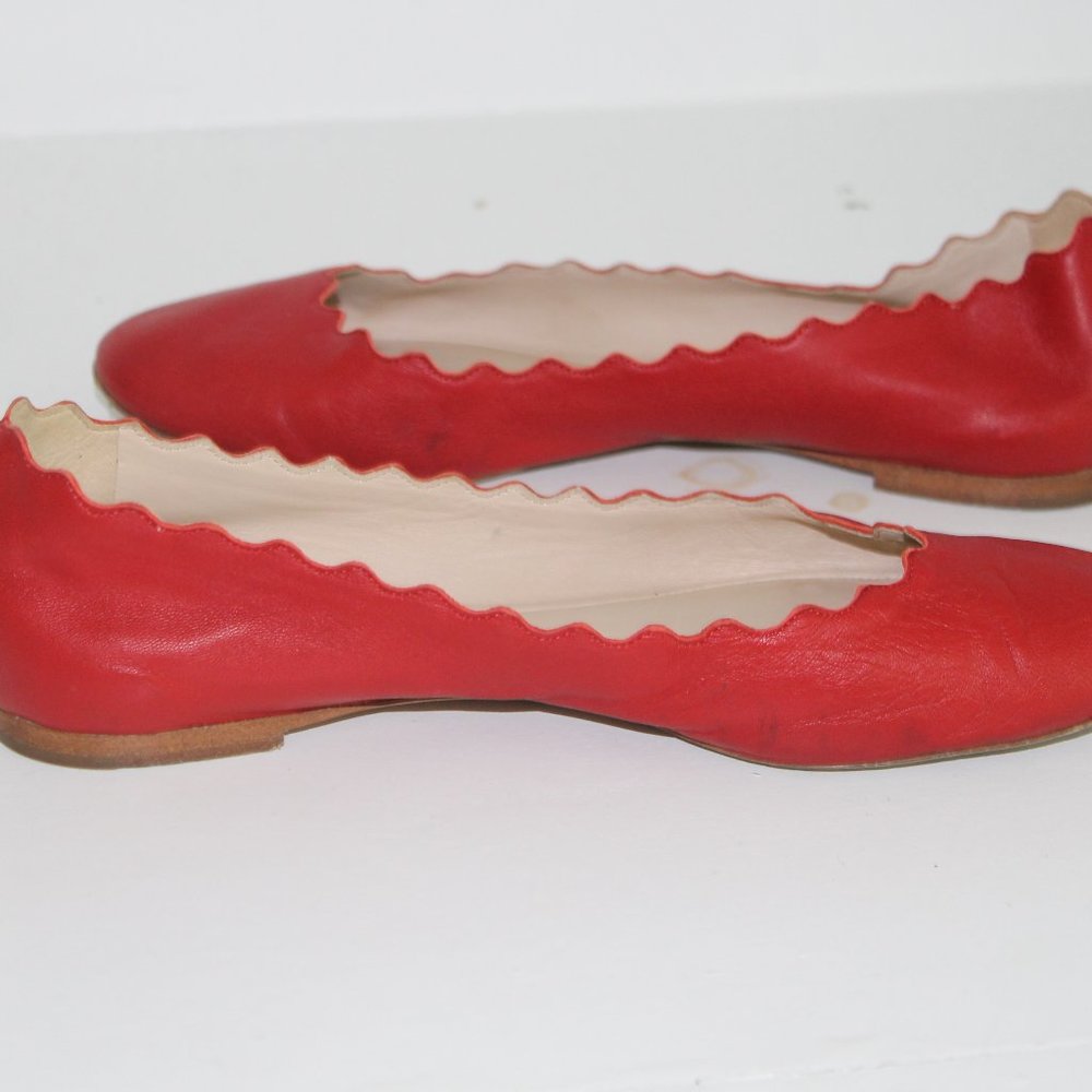Chloe Lauren Scalloped Leather Ballet Flats, Red Leather Shoes sz 37 7 - Picture 7 of 7